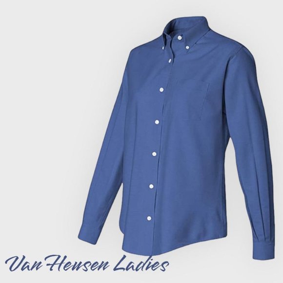 Van Heusen V0110 Ladies' Long-Sleeve Blended Pinpoint Oxford.  Light Blue. Small - Picture 1 of 3